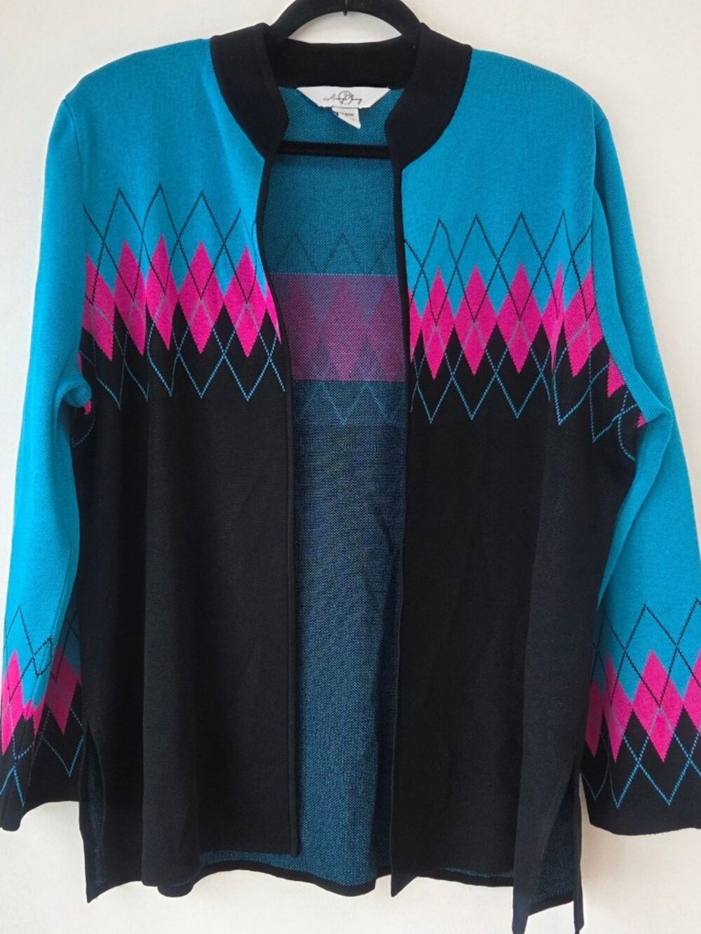 Ming Wang Teal Open Front Cardigan Sweater Argyle Pattern Women's XL